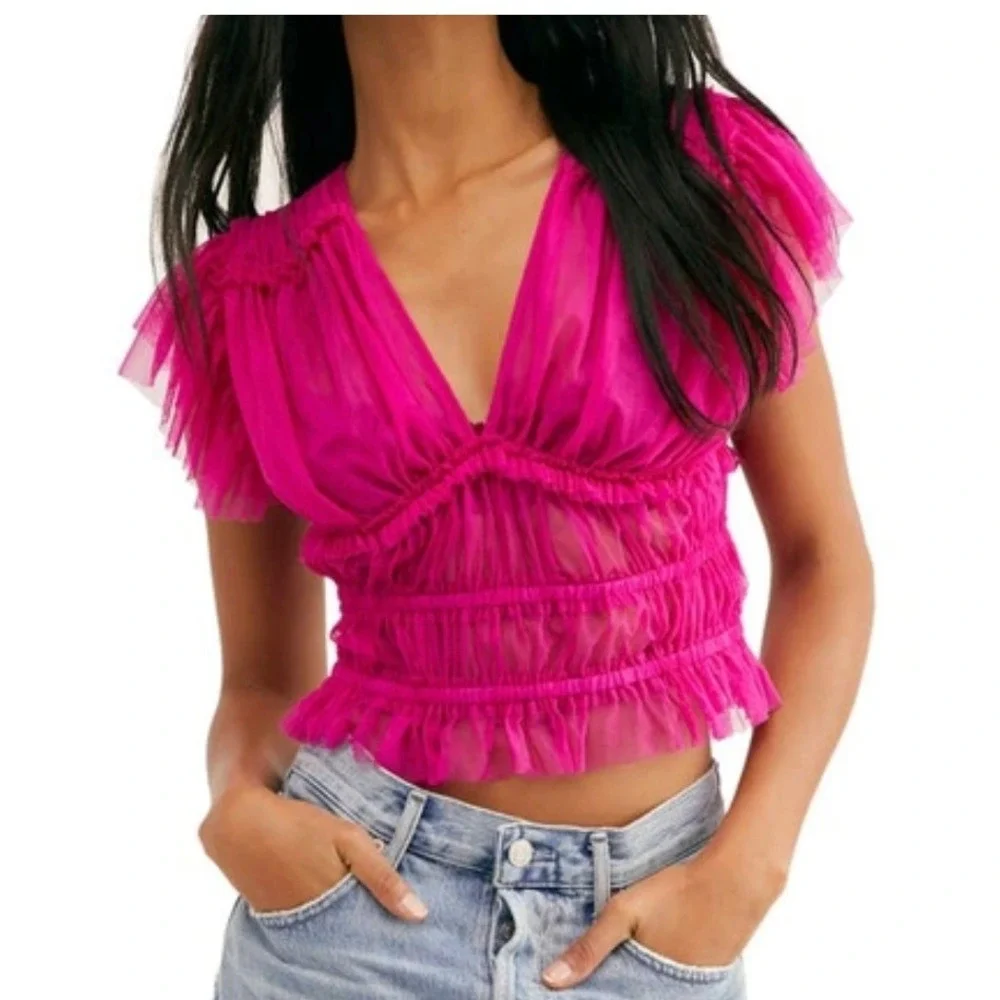 Free People Size Medium Magenta Pink Sheer Mesh Ruffle Smocked V-Neck Top Party